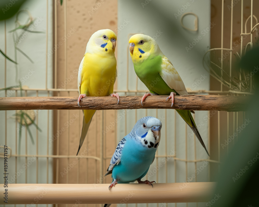 Obraz premium three budgies of different colors perched on a wooden branch inside a cage