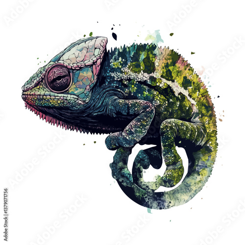 Chameleon minimalist flat illustration, featuring a clean design isolated on a white background.

