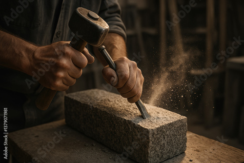 Close-Up of Stonemason Carving Stone with Chisel and Hammer

