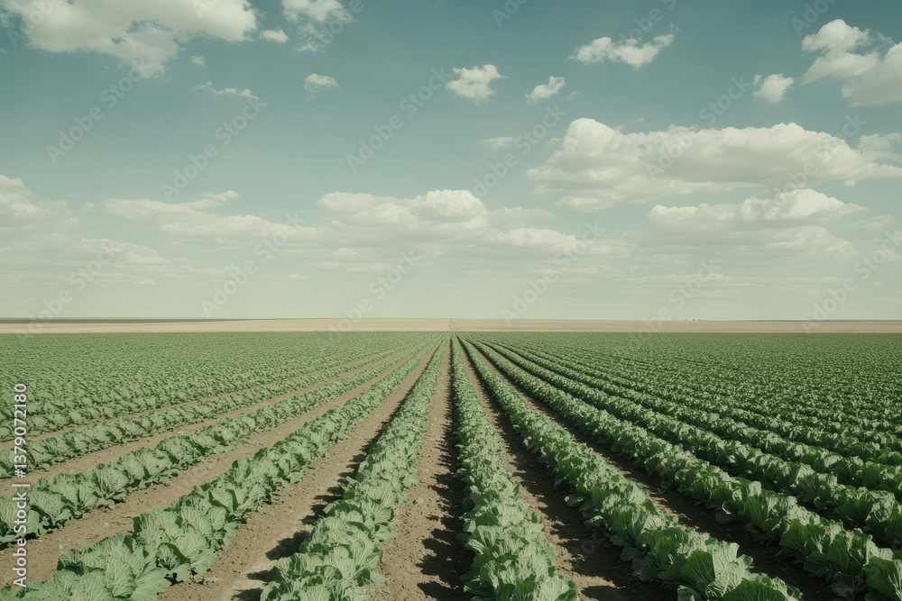 A vast field filled with vibrant green cabbages under a clear sky Intricate irrigation system snaking its way between the rows of crops . A vast field filled with vibrant green cabbages under a clear sky Intricate irrigation system snaking its way between the rows of crops .