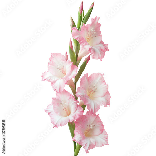 tall stems of pink and white gladiolus with their sword-shaped blooms isolated on a white background