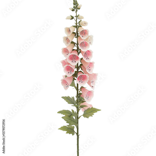 A tall stem of pink and white foxgloves with their bell-shaped blooms isolated on a white background 