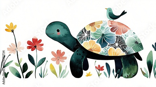   A watercolor depiction of a turtle and avian in a field of blossoms, with the bird poised atop the tortoise
