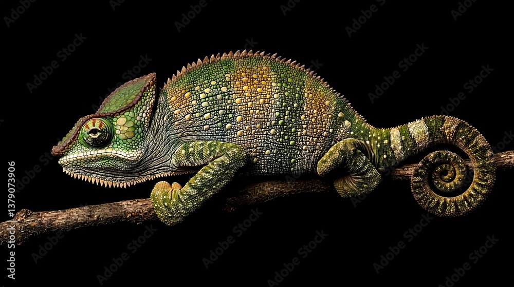 Fototapeta premium A zoomed-in image of a chameleon perched on a tree limb, its mouth wide open and tongue extended against a dark backdrop