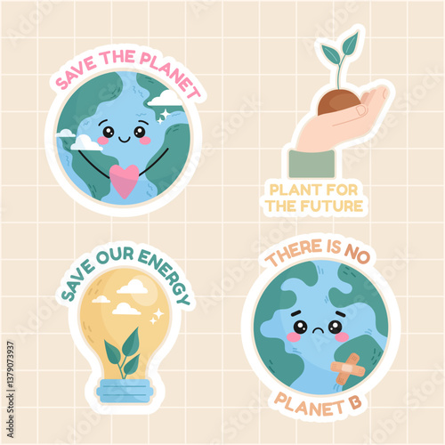 Eco-friendly sticker set. Cute Earth and sustainability stickers for environmental awareness and earth day. Vector illustration isolated.