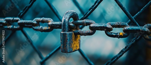 A rusty padlock secures a metal chain against a backdrop of a wire mesh fence, embodying security and resilience.