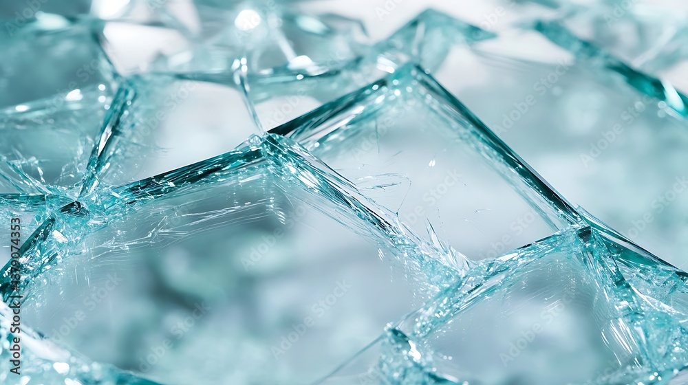 Close-up of shattered glass cracks with sharp edges and reflections.