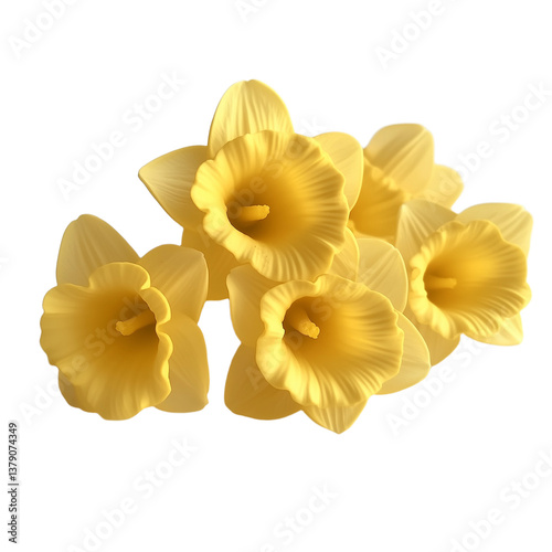 A cluster of bright yellow daffodils with their trumpet-shaped blooms isolated on a white background 