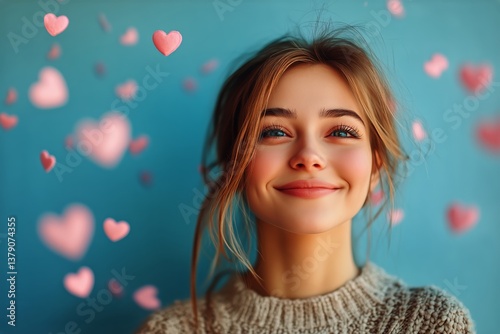 Smiling Woman With Flowing Hair and Heart Decorations on Blue Background in a...