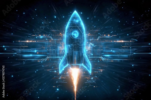 Digital Rocket Launch in a Futuristic Space Environment With Vibrant Blue and...