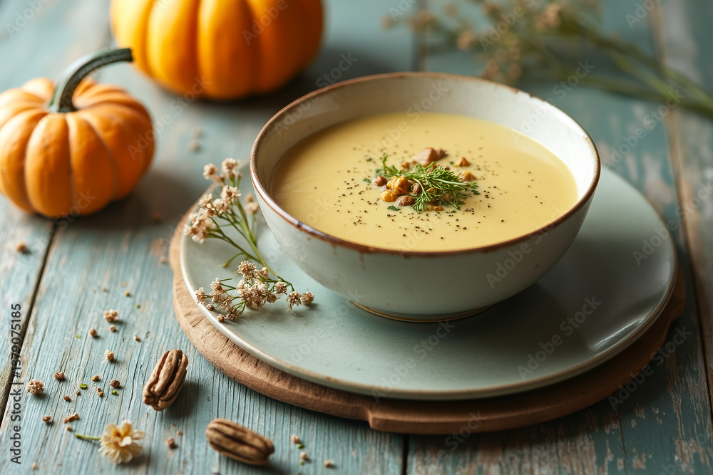 creamy pumpkin soup in a bowl with toasted nuts and herbs creamy pumpkin soup in a bowl with toasted nuts and herbs
