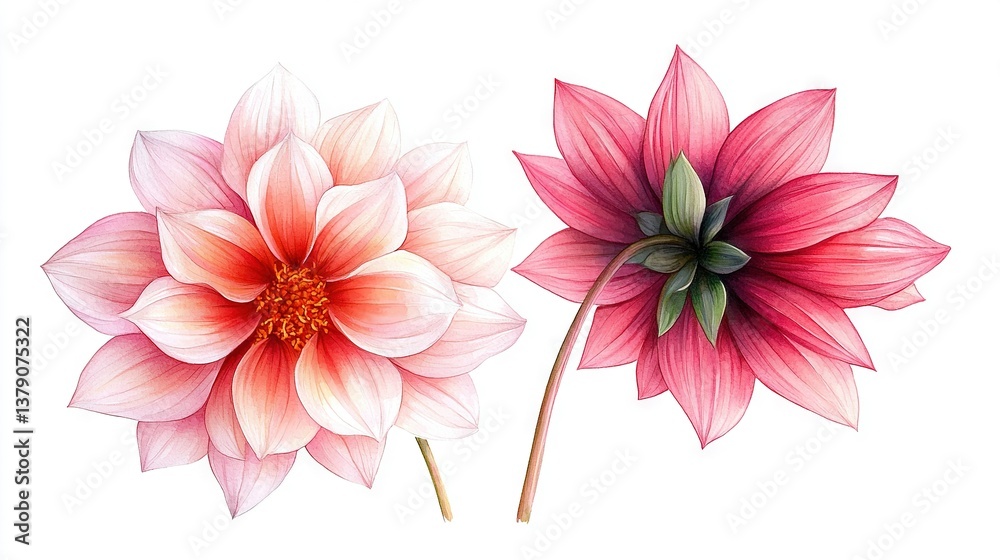 Obraz premium Drawing of a pink flower with two green stems on either side, and another pink flower with a green stem on the opposite side