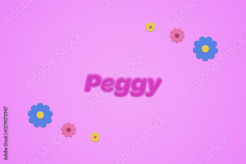 Peggy female girl name illustration in pink with blossoms, flowers