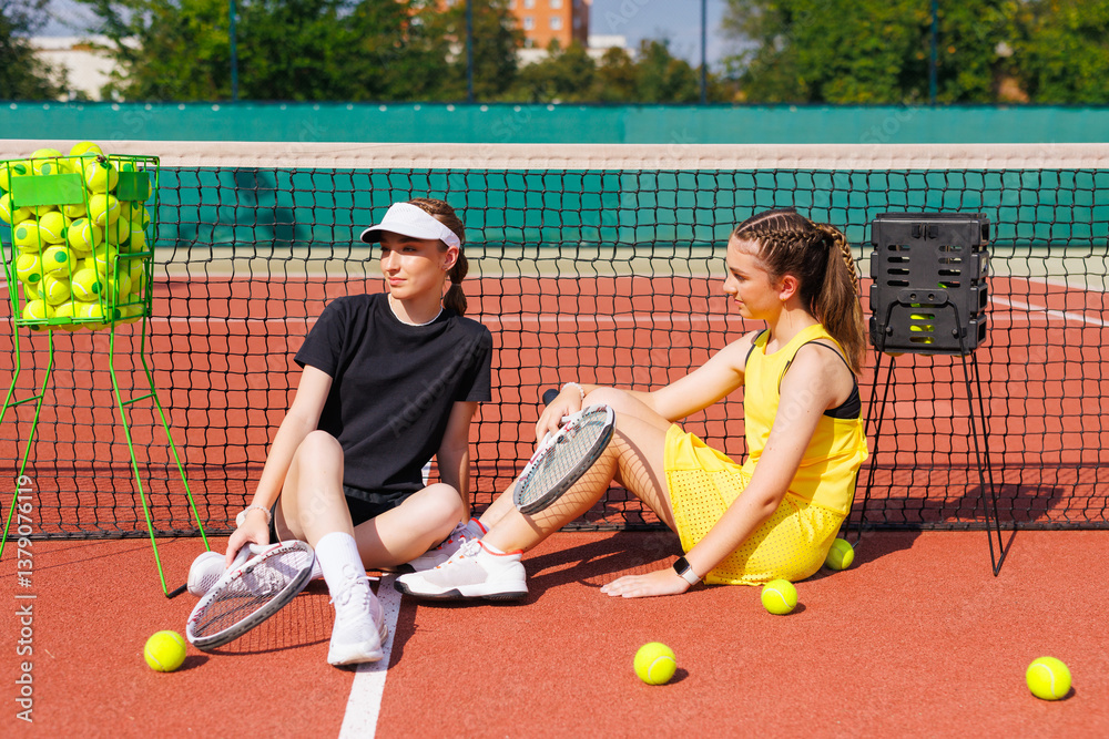 Obraz premium Tennis girls sit on court during break, relaxing and talking, rackets and balls near net.