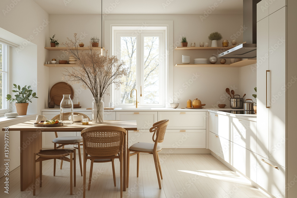 bright minimalist kitchen with wooden dining table and neutral decor bright minimalist kitchen with wooden dining table and neutral decor