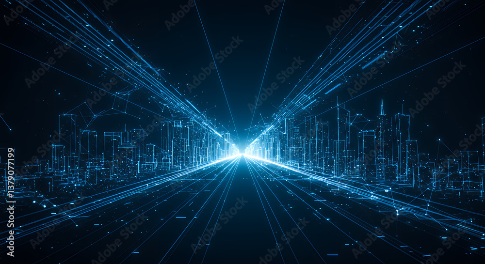 Digital Cityscape: Futuristic Skyline, Data Streams, and Tech Innovation - A Neon Blue Abstract Design for Technology & Network Solutions