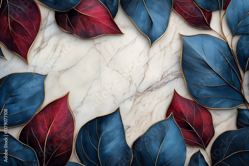 Vibrant Leaves Arranged on a Marble Surface for Artistic Decoration and Design