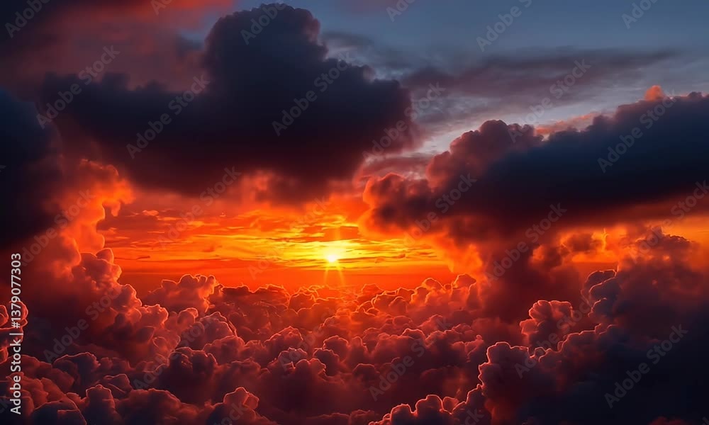 Fiery sunset above clouds. Dramatic sky with bright sun and intense colors Fiery sunset above clouds. Dramatic sky with bright sun and intense colors
