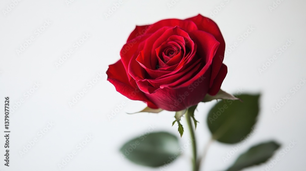 Striking close-up of a vibrant red rose. Deep petals contrast beautifully against a clean white background, highlighting its delicate form Striking close-up of a vibrant red rose. Deep petals contrast beautifully against a clean white background, highlighting its delicate form