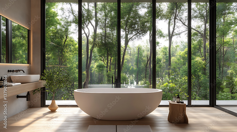 Fototapeta premium Interior design of modern bathroom in farmhouse with forest view