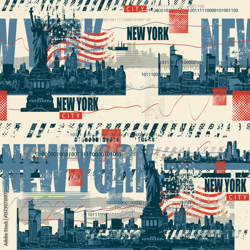 Abstract seamless pattern on urban theme with Statue of Liberty in New York with city architecture and newspaper clippings background in grunge style. Wallpaper, wrapping paper, fabric, t-shirt design