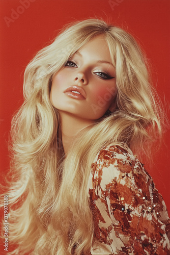 Vintage Chic 1970s Fashion Portrait: Blonde Model with Glamorous Long Hair & Red Background