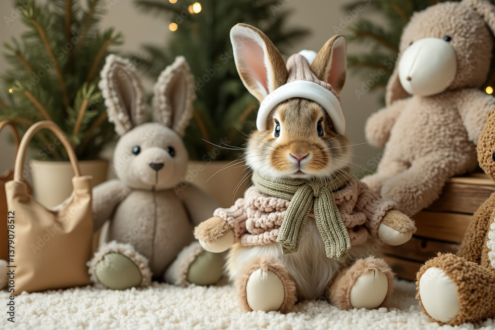 Fototapeta premium adorable brown bunny in knitted sweater and scarf