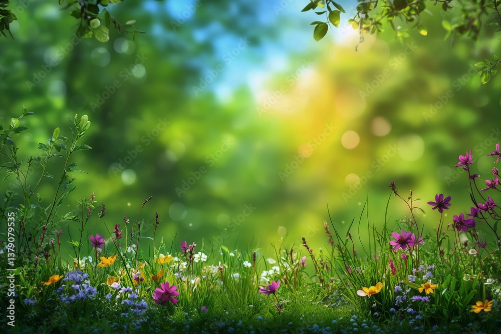 Fototapeta premium Vibrant Wildflowers Bloom in a Sunlit Forest Clearing Surrounded by Lush Greenery