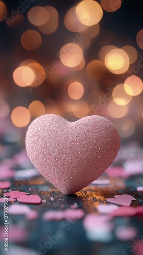 Glittering Pink Heart Shines Brightly on a Bed of Colorful Hearts and Sparkles