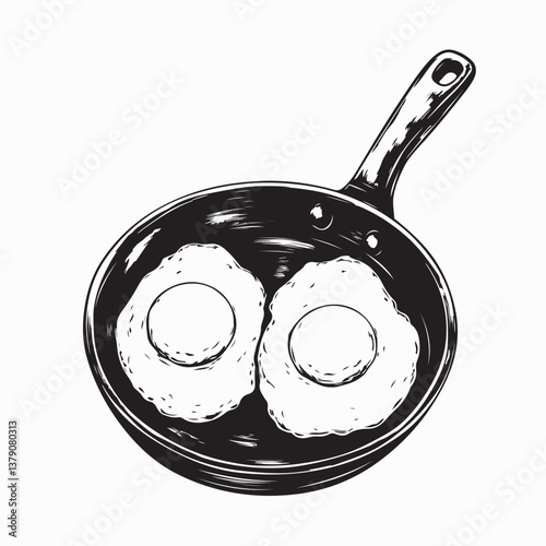 Fried eggs in frying pan image.  Illustration Two Eggs Frying Pan Stock Vector.