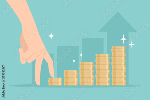 Human hand imitating walking with fingers on stairs made of gold coins. Flat vector illustration