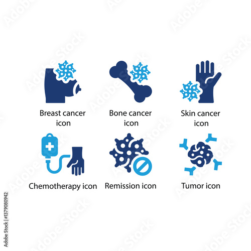 Breast cancer, Bone cancer, Skin cancer, Chemotherapy, Tumor, Remission, Blue Icon Set