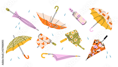 Umbrellas set. Cartoon foldable umbrellas for rainy weather, closed collapsible waterproof canopy with handle, autumn season accessory with patterns. Vector isolated collection