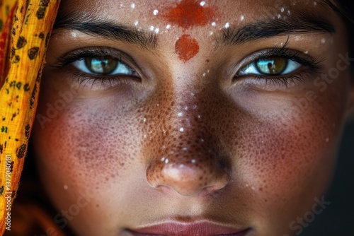 A mesmerizing close-up portrait of a young woman, highlighting her striking features adorned with intricate details capturing beauty, culture, and human emotions beautifully.