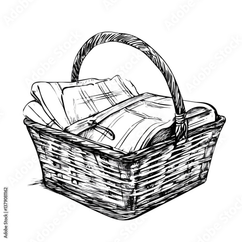 Picnic basket minimalist flat illustration, featuring a clean design isolated on a white background.

