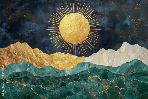 Golden Sun Over Abstract Mountains With Teal and Gold Textures in a Modern Ar...