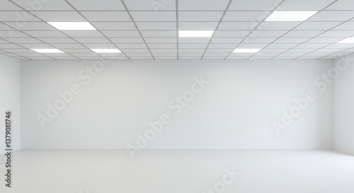 White Room Wonder: Bright Empty Space with Grid Ceiling, Perfect for Mockups, Backgrounds & Minimalist Design!
