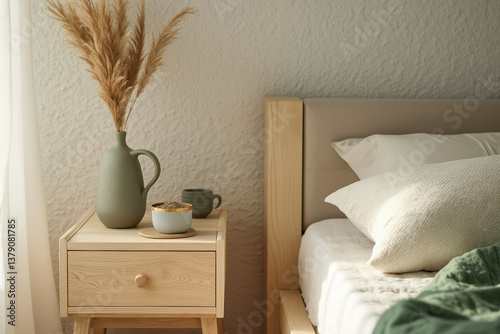 serene bedroom interior with wooden nightstand pampas grass and soft lighting photo