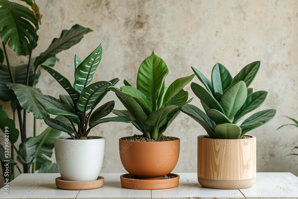 Obraz premium three potted plants with vibrant green leaves in various pots