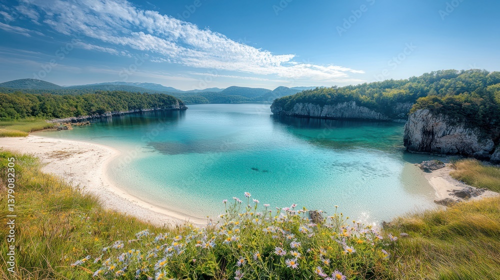 Serene bay, pristine beach, wildflowers Serene bay, pristine beach, wildflowers