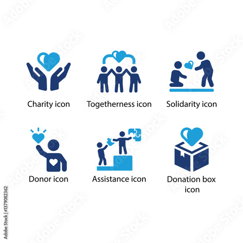 Charity, Togetherness, Solidarity, Donor, Assistance, Donation box, Blue Icon Set