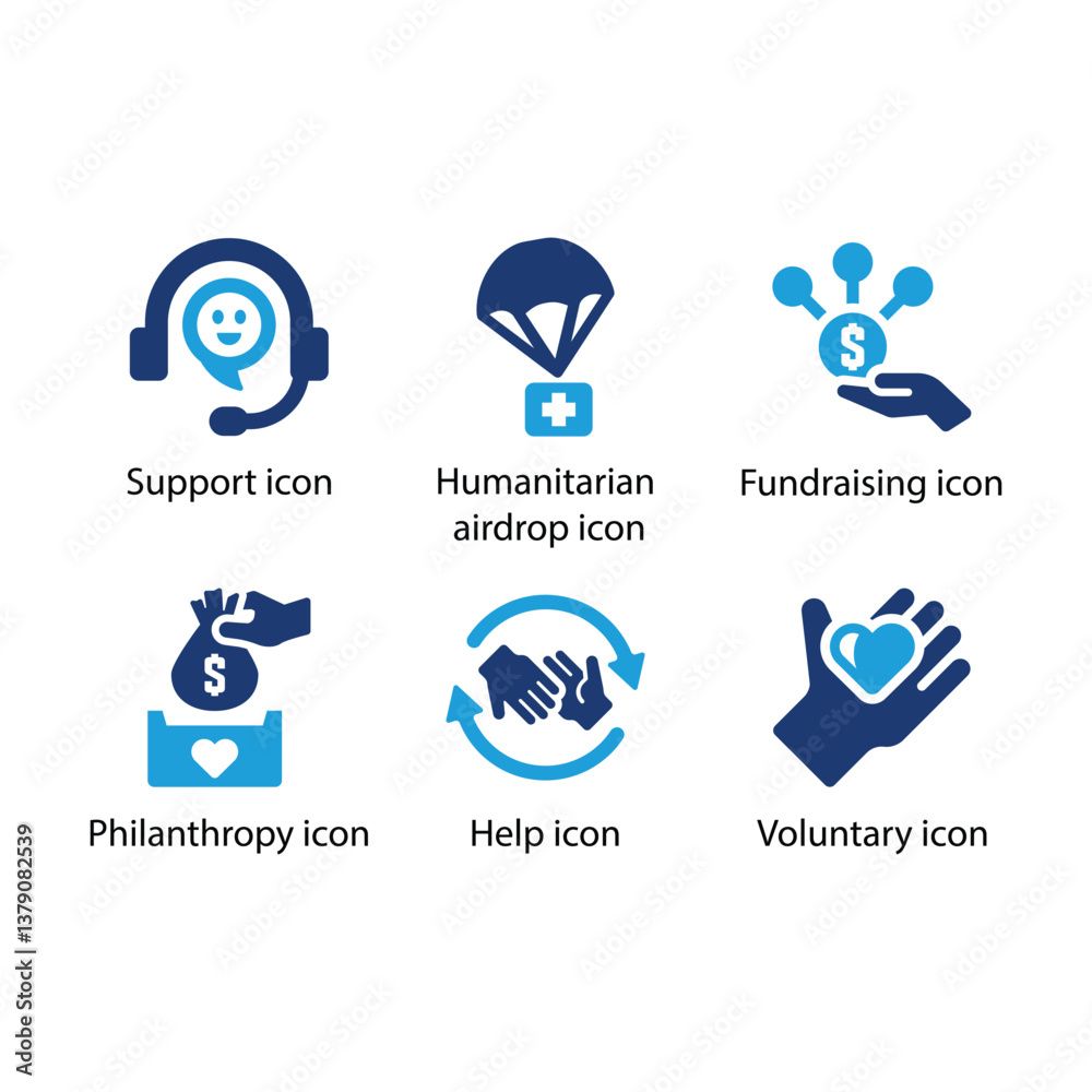 Support, Humanitarian airdrop, Fundraising, Philanthropy, Help, Voluntary, Blue Icon Set Support, Humanitarian airdrop, Fundraising, Philanthropy, Help, Voluntary, Blue Icon Set