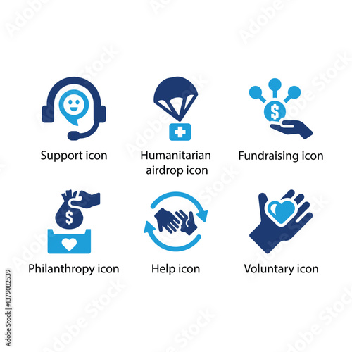 Support, Humanitarian airdrop, Fundraising, Philanthropy, Help, Voluntary, Blue Icon Set