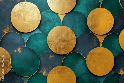 Vibrant Wall Design Featuring Textured Circles in Teal and Gold Tones