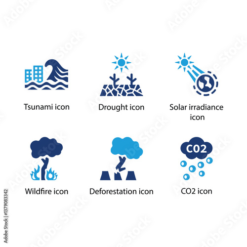 Tsunami, Drought, Solar irradiance, Wildfire, Deforestation, CO2, Blue Icon Set