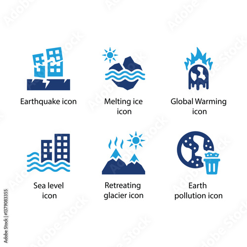 Earthquake, Melting ice, Global Warming, Sea level, Retreating glacier, Earth pollution, Blue Icon Set