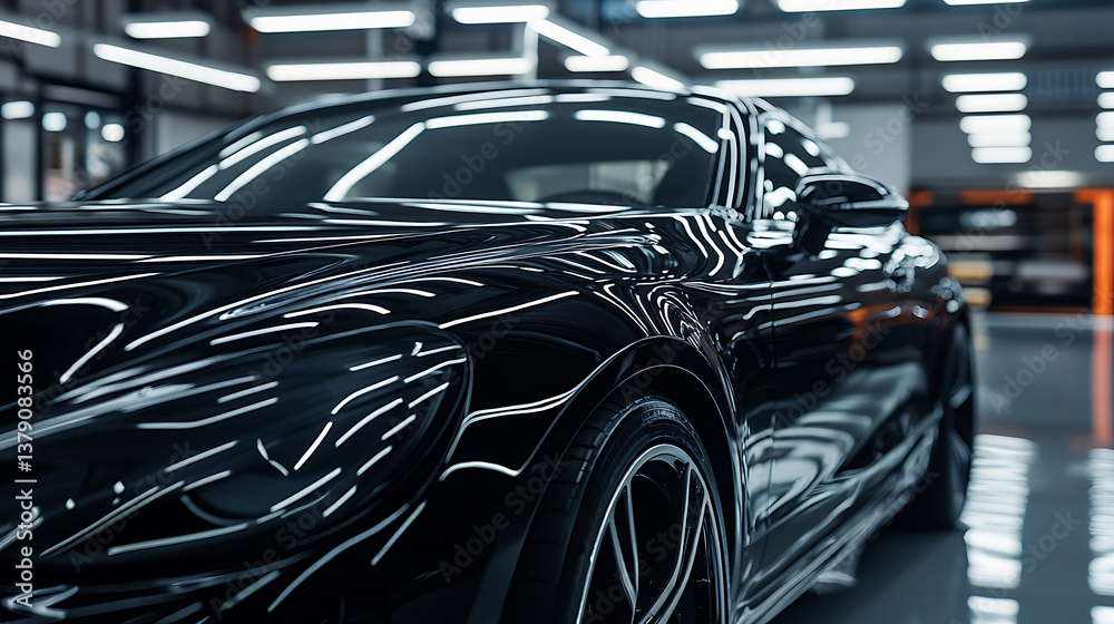 Obraz premium Polished gloss car, car paint protection advertisement, a fast black vehicle