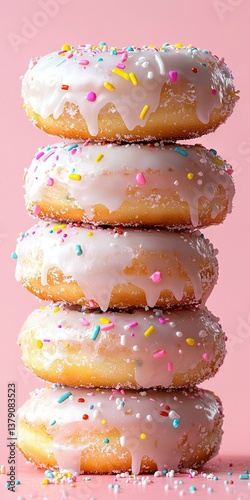   A plate piled high with powdered sugar-topped doughnuts against a pastel pink backdrop