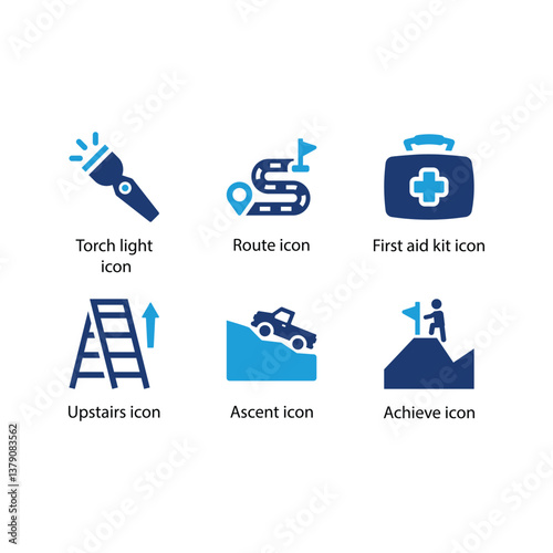 Torch light, Route, First aid kit, Upstairs, Ascent, Achieve, Blue Icon Set