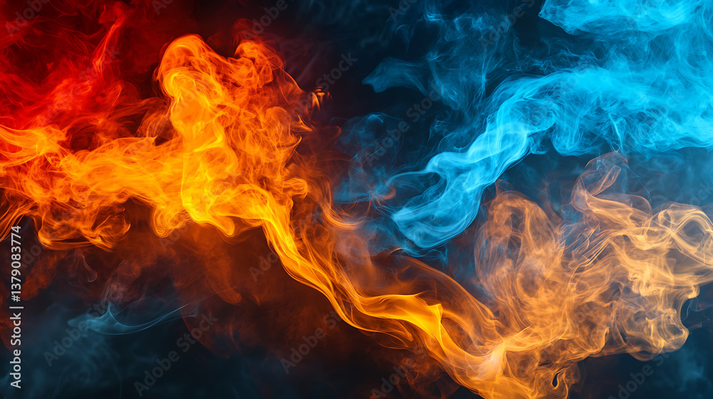 Fototapeta premium Abstract fire and ice concept background with smoke and empty space